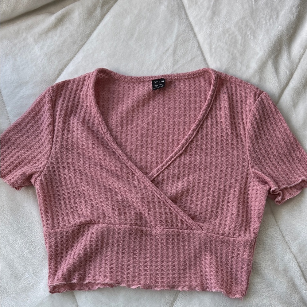 SHEIN Pink Waffle Knit Wrap Blouse